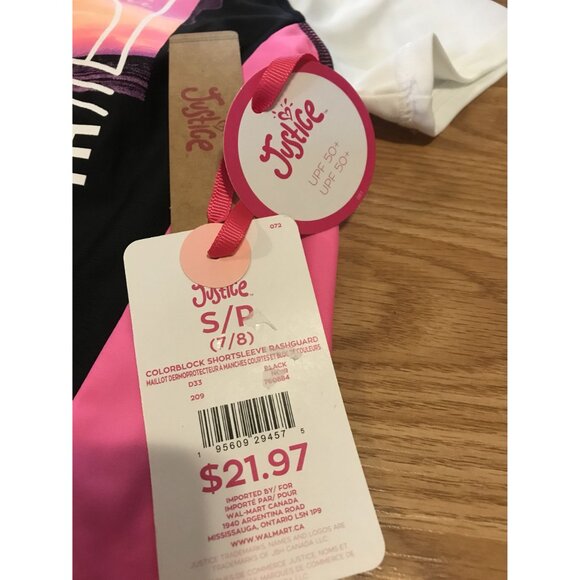 Justice Girls' S/P Short Sleeve Swim Set UPF 50+ Pink/Black/White Beach Rash - Picture 3 of 6